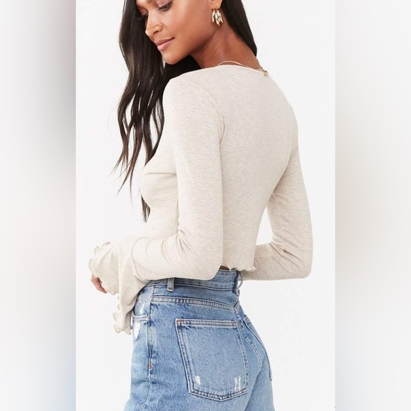 Forever 21 Cropped Ribbed Button Front Top Tan Trumpet Sleeve sz Small - Picture 5 of 9
